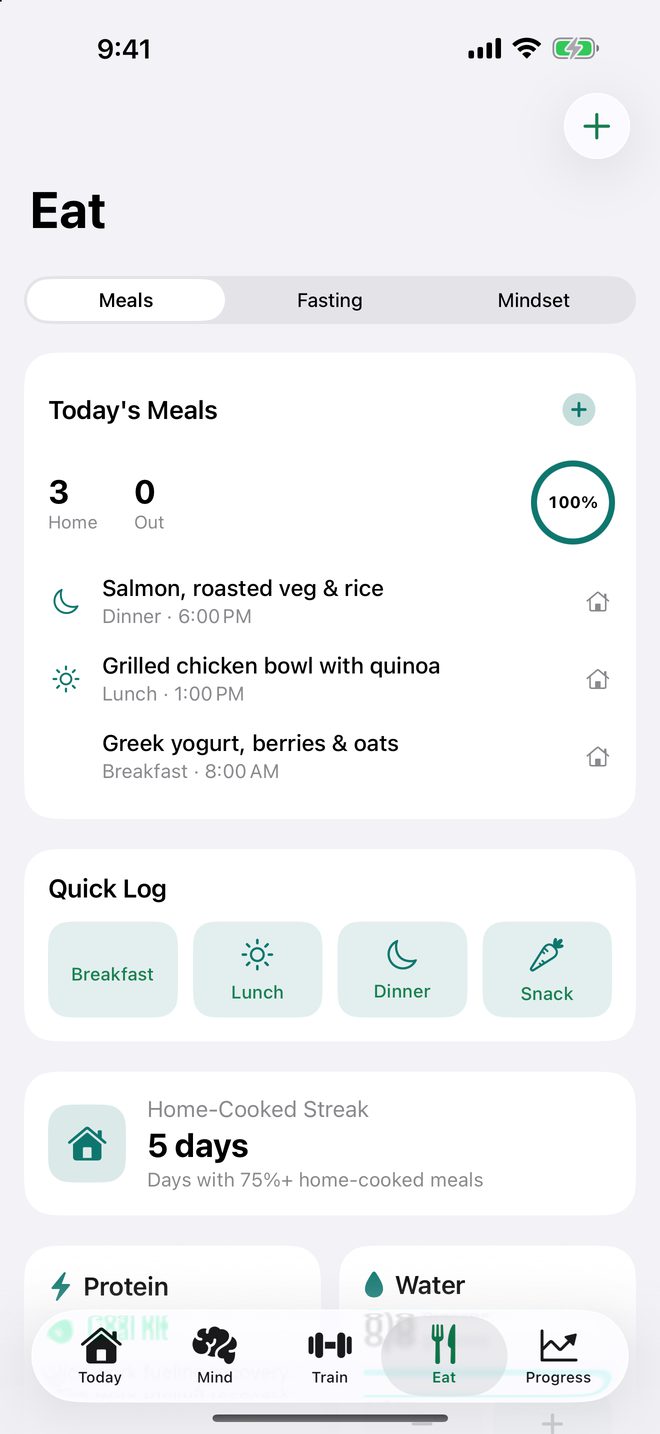 Eat tab with today's meals, quick log buttons, and a home-cooked streak