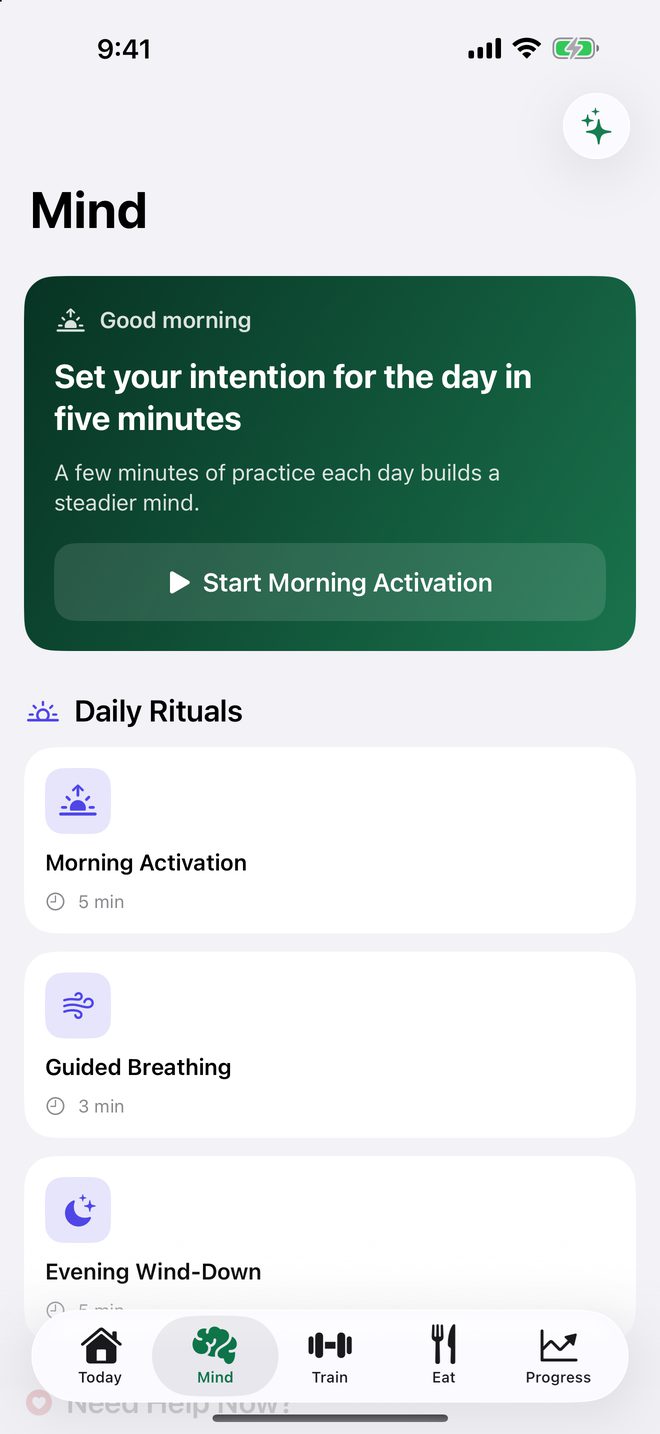 Mind tab with Daily Rituals, Need Help Now rescue tools, and Deep Transformation exercises