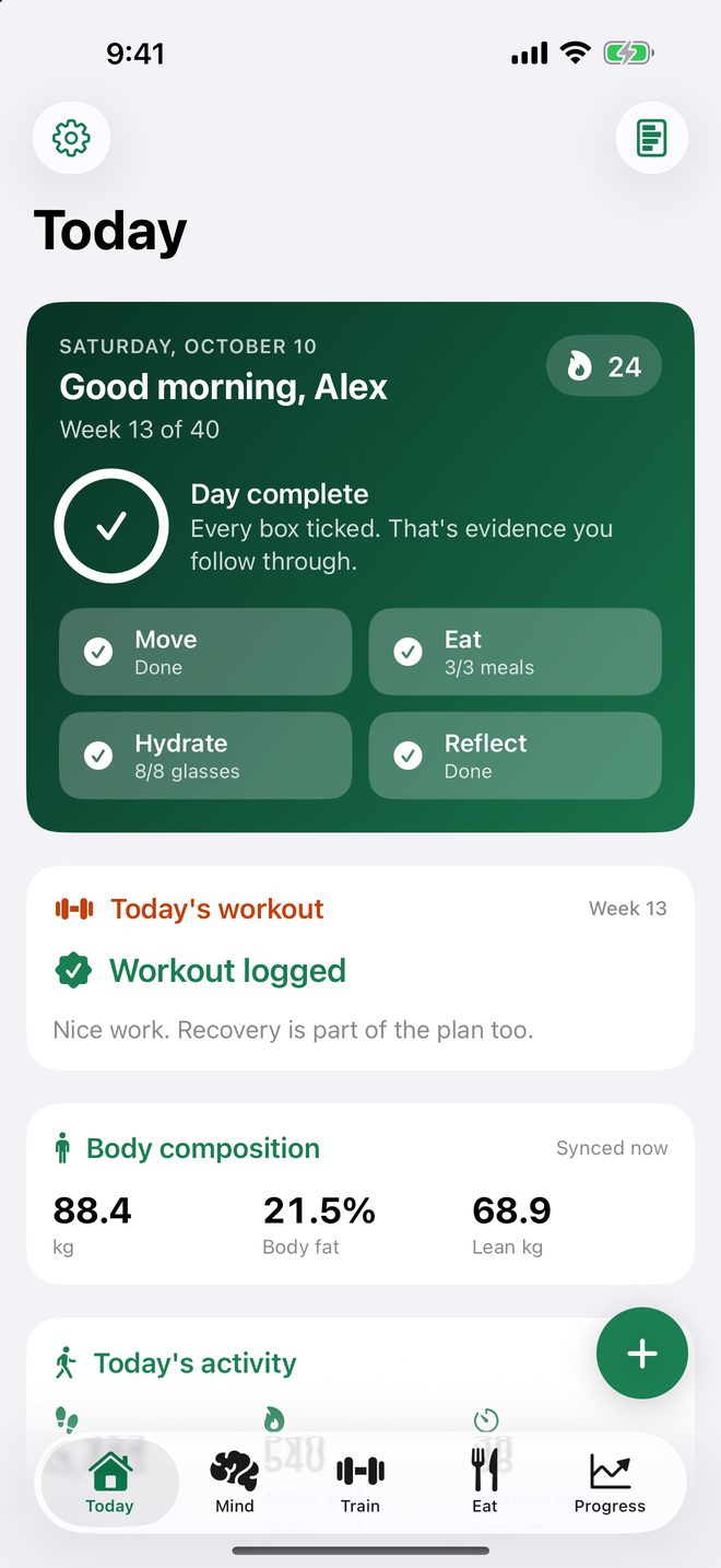 Today dashboard with a 24-day streak, a completed day, the logged workout, and body composition