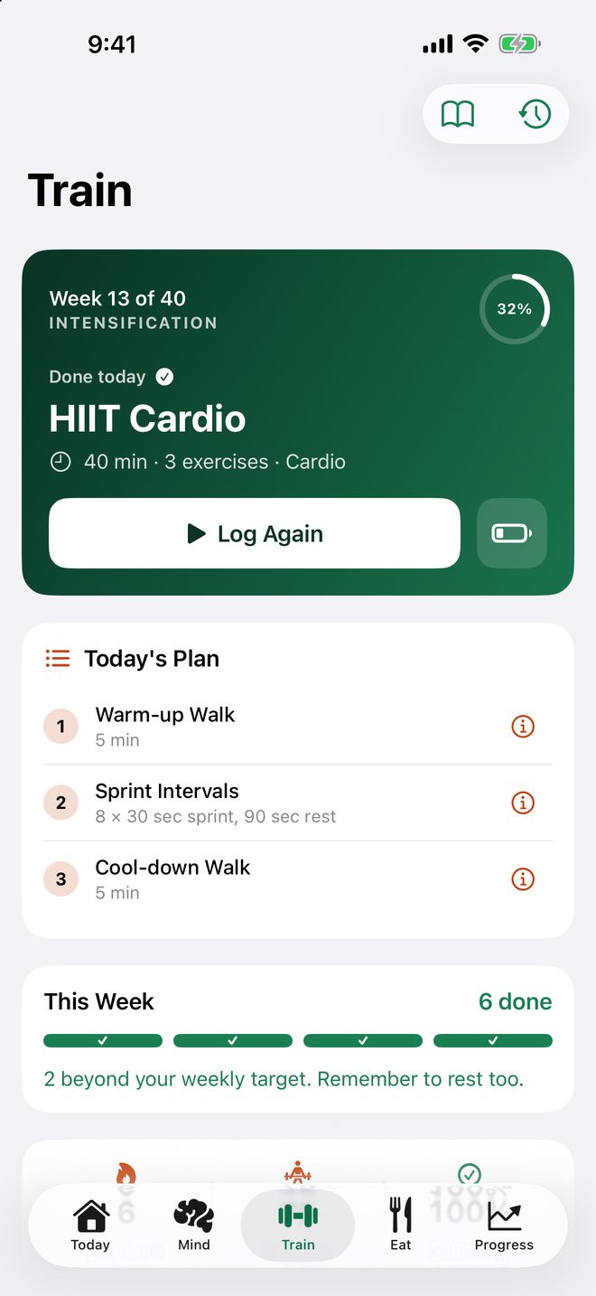 Train tab with today's HIIT Cardio session, a Log Again button, and the plan for the week